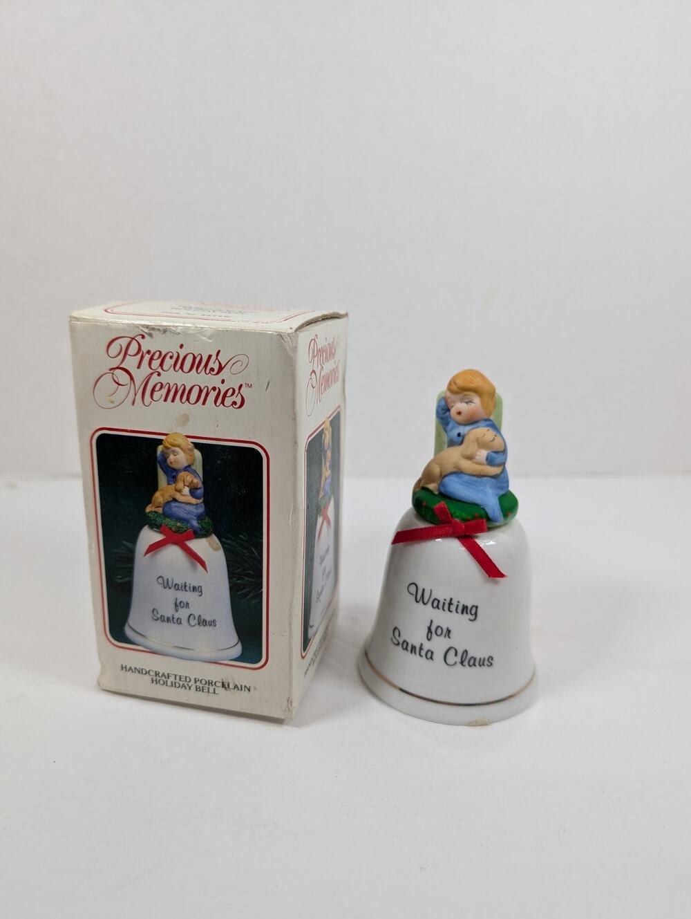 Precious Memories Handcrafted Porcelain Holiday Bell Waiting For Santa MIB